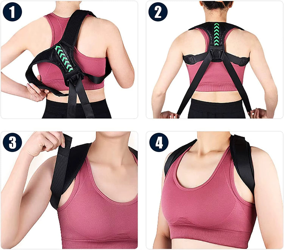 Guide en quatre étapes pour enfiler et ajuster un correcteur de posture noir avec sangles croisées dans le dos.