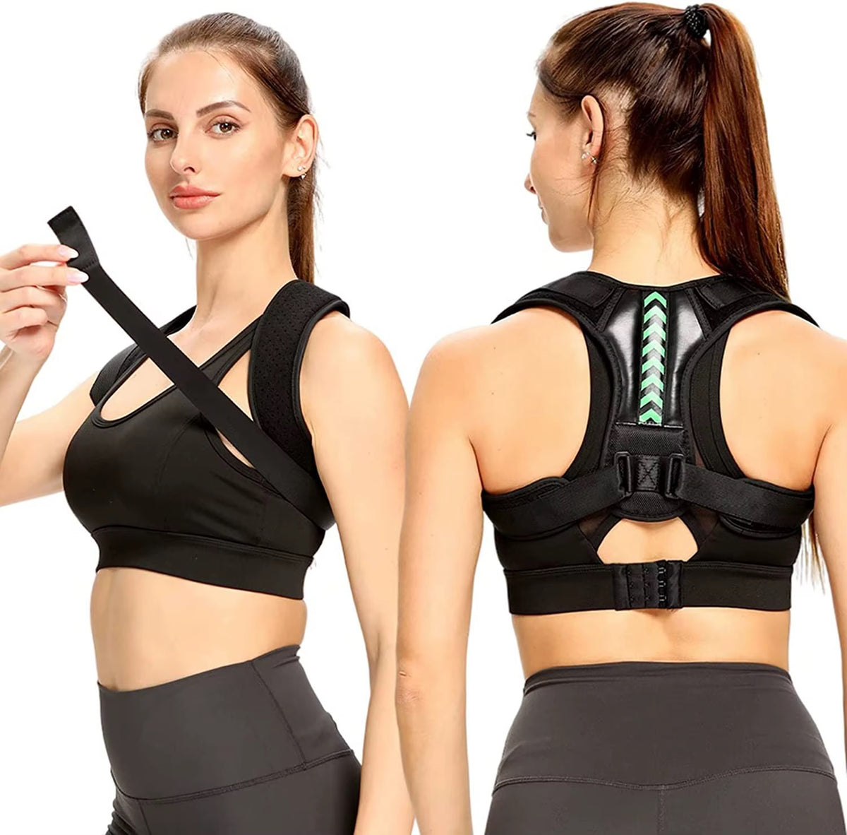 Correcteur de posture noir pour femme présenté de face et de dos, avec bretelles rembourrées et sangles réglables.