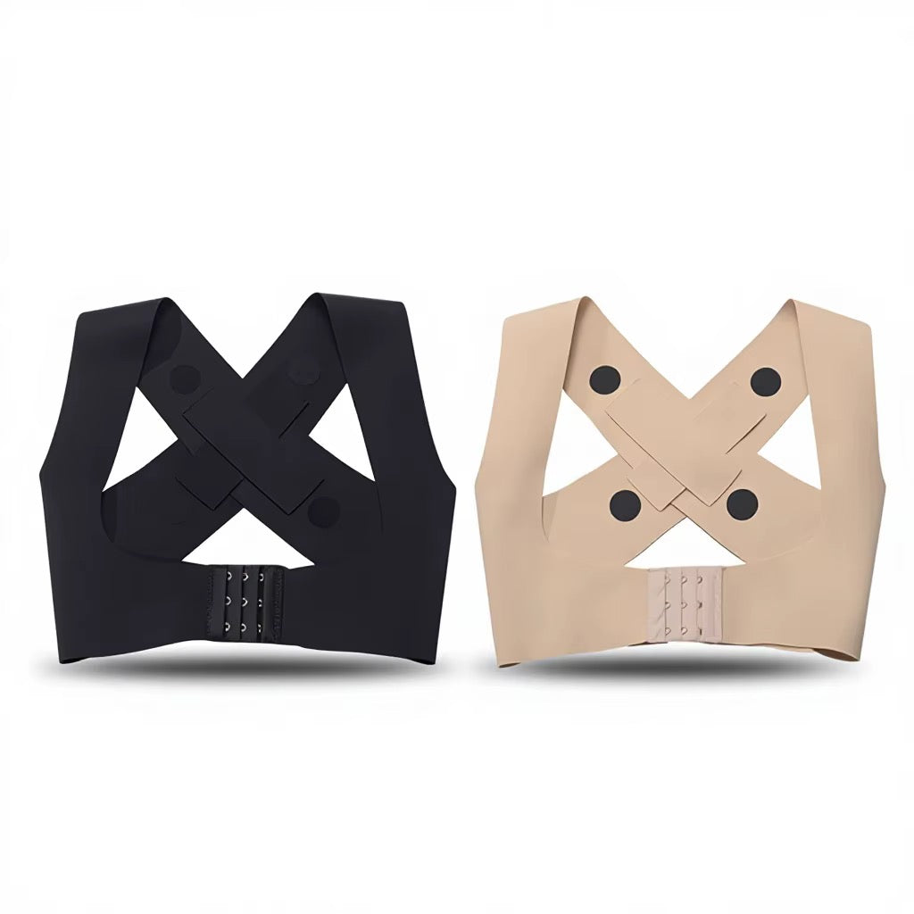 Correcteurs de posture réglables avec sangles croisées dans le dos, disponibles en noir et beige, vue arrière.