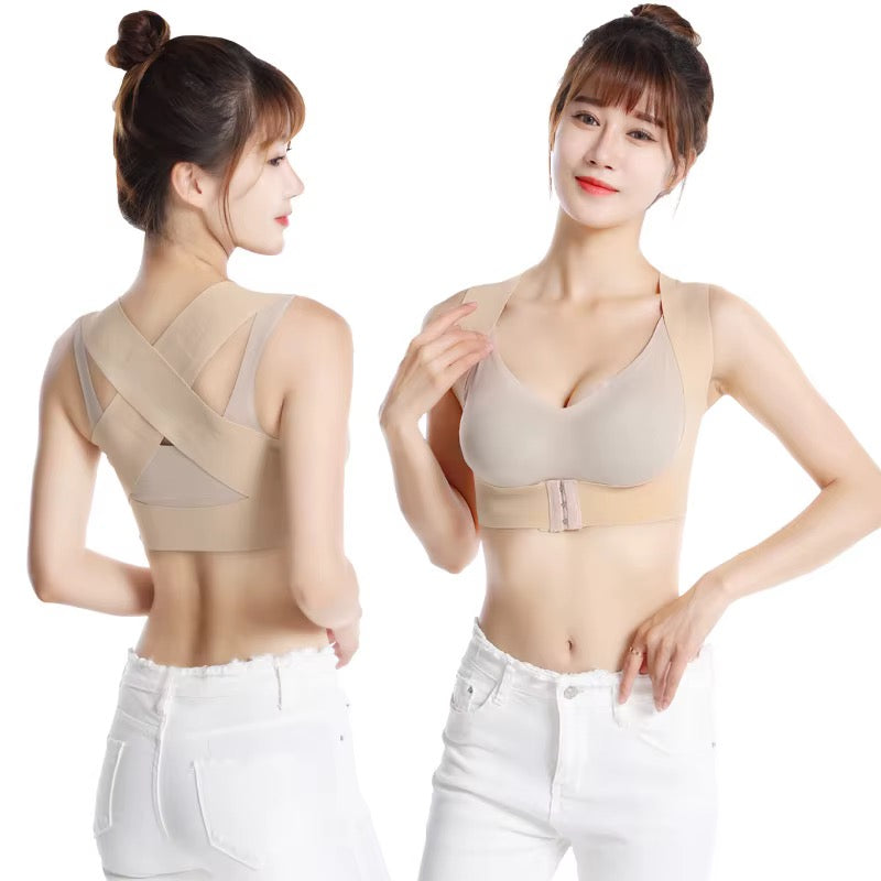 Correcteur de posture beige pour femme, porté de face et de dos, avec bretelles croisées et fermeture réglable à l'avant.