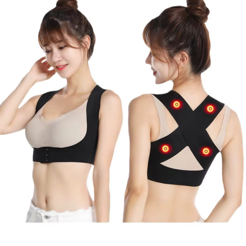 Correcteur de posture noir pour femme, présenté de face et de dos, avec sangles croisées en X et quatre zones circulaires au dos.
